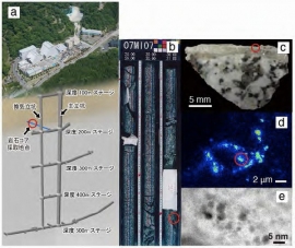 a.瑞浪超深地層研究所用地内に建設された大型地下研究施設坑道と試料を採取したボーリング孔のレイアウト図。b.長さ1メートルの岩石コア写真。c.亀裂を充填する炭酸カルシウム鉱物を伴う花崗岩。d.ウランの分布を示すマッピング像。e.ウランのナノ粒子（黒いコントラスト）の透過型電子顕微鏡像。（東京大学の発表資料より）