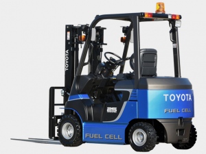 2016年2月に実用化モデルとして発表された豊田自動織機製・燃料電池フォークリフト。トヨタ自動車の燃料電池車「MIRAI」と同じ燃料電池セルを使用する