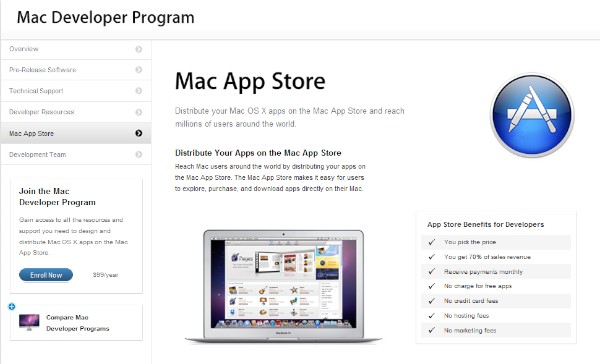 アップルの開発者向け情報サイト内で「Mac App Store」を紹介するページのスクリーンショット（2010年12月17日）