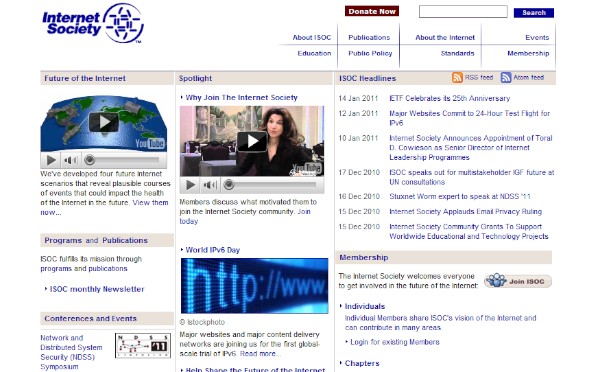 Internet Societyのウェブサイトのスクリーンショット（2011年1月15日）