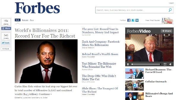 フォーブス（<a href="http://www.forbes.com/" target="_blank">www.forbes.com</a>）のトップページ。世界長者番付の特集に紙面を割いている。