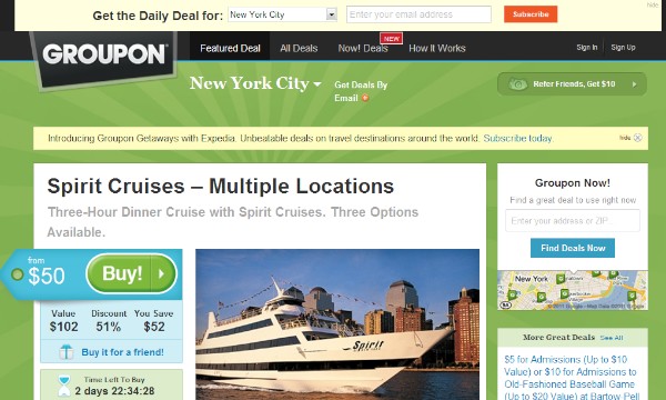 米グルーポンのウェブサイトでニューヨークのおすすめクーポンを表示させたところ（2011年6月3日）