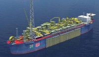 日本郵船と伊藤忠商事が参画するブラジル沖の海洋油田事業のために建設されるFPSOの完成予想図。