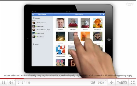 インターネット電話のスカイプ（Skype）は2日、iPad専用アプリ「Skype for iPad」を発表した。iPadでスカイプユーザーとのビデオ通話や音声通話ができるようになる。写真は公式ブログで公開された動画のキャプチャ。