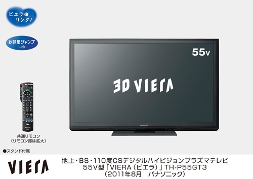 パナソニックは25日、3D対応のプラズマテレビ「VIERA（ビエラ）」で、「GT3シリーズ」の55V型モデルと「VT3シリーズ」の65V型モデルを9月9日に発売すると発表した。