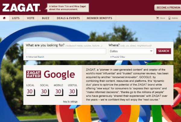 クチコミによるレストランガイドを発行するザガットのウェブサイト。グーグルによる買収について告知している。