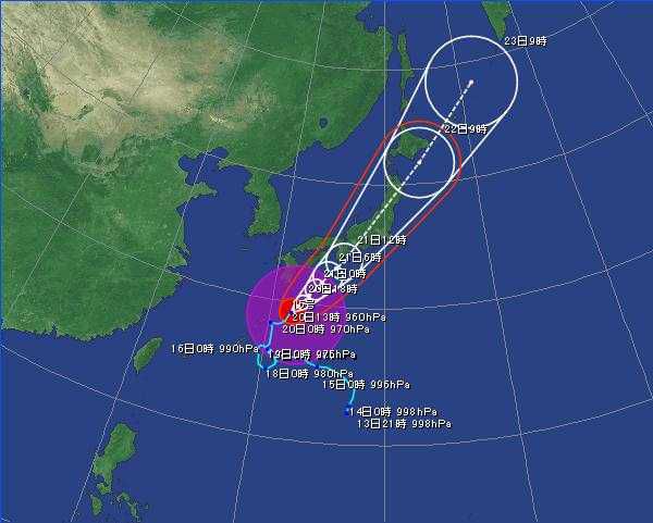 台風15号の進路予想（20日12時発表）　（画像提供：日本気象協会）
