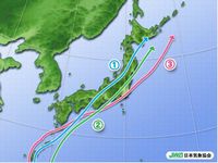 類似台風の進路（図中の番号は類似例の番号を示す）　（画像提供：日本気象協会）