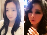 韓国の女優ホン・スアが化粧前と化粧後の写真を公開して話題になっている。写真=ホン・スアのツイッター
