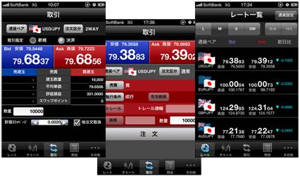 スマートフォン用取引アプリケーションの画面の例（iPhone版）（画像：SBI FXトレード）