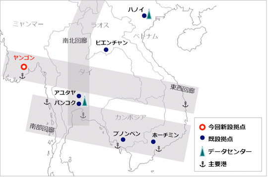 メコン経済圏におけるNTTコムの拠点展開図（画像：NTTコミュニケーションズ）