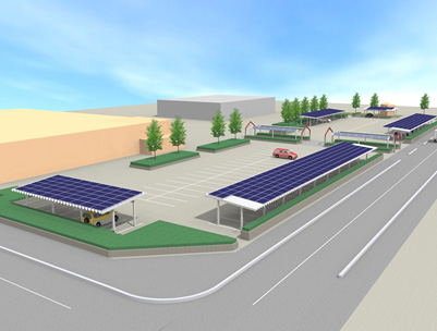 公共施設の駐車場スペースに設置されるカーポート屋根置き型太陽光発電設備のイメージ（画像：三井物産）
