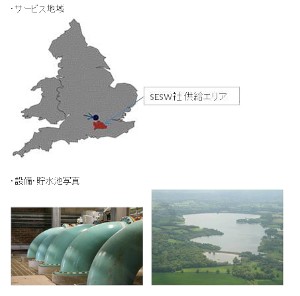 住友商事は5日、欧州住友商事と共同で、英国の水事業会社Sutton & East Surrey Water 社（SESW）の持株会社であるEast Surrey Holdingsの全株式を取得したと発表した。写真は同社が公開したSESWの供給エリアを示す図と、設備、貯水池の写真。