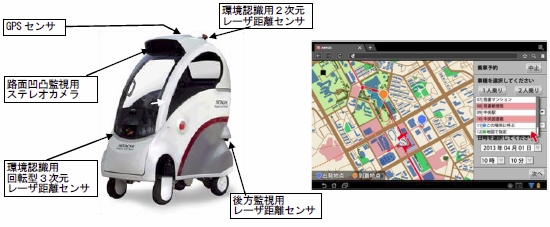 搭乗型移動支援ロボット「ROPITS」と携帯端末予約用画面の例（画像：日立製作所）