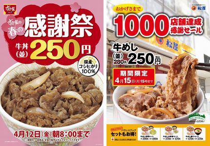 すき家と松屋が牛丼値下げキャンペーンを実施