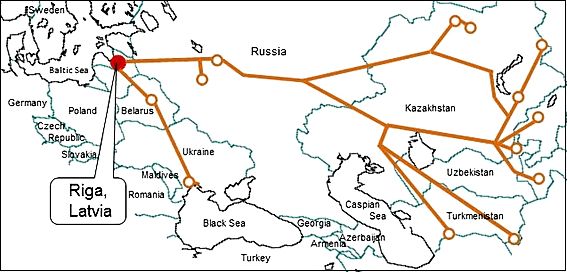 リガ港からCIS諸国につながる鉄道輸送網（画像：三井物産）