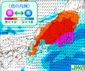 日本気象協会が公開した雨雪の分布予想(15日朝)