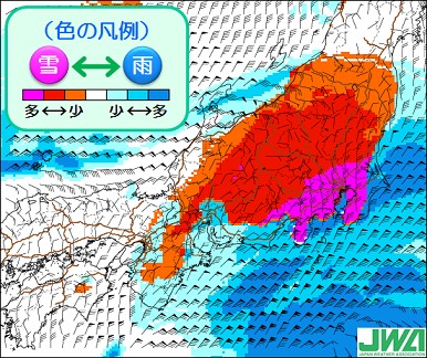 日本気象協会が公開した雨雪の分布予想(15日朝)