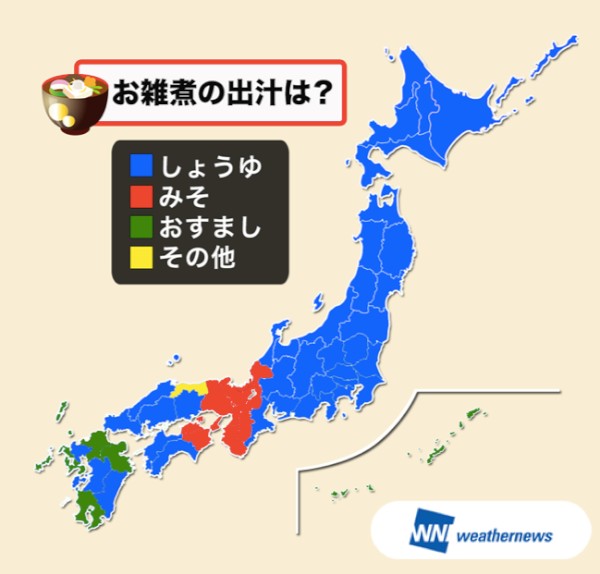 お雑煮の出汁の分布を示す図（ウェザーニューズのニュースリリースより）