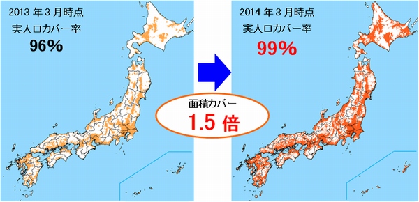 2013年3月時点と2014年3月時点のKDDIのプラチナバンド 800MHz 4G LTE対応エリアを示す図（KDDIの発表資料より）