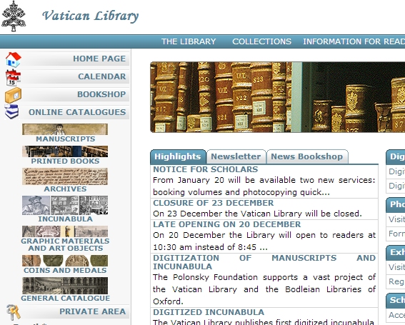 NTTデータはバチカン図書館で所蔵されている手書き文献をデジタル化する契約を締結した。写真はバチカン図書館のWebサイト。