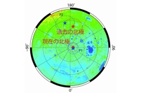 過去の月の磁極を現在の月北極側から見た図。青い星印はかぐや衛星データによる結果。赤い星印はルナ・プロスペクタ衛星データによる結果。Takahashi et al. (2014) の図から一部改編