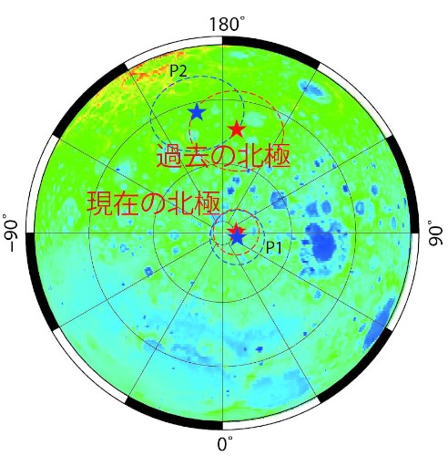 過去の月の磁極を現在の月北極側から見た図。青い星印はかぐや衛星データによる結果。赤い星印はルナ・プロスペクタ衛星データによる結果。Takahashi et al. (2014) の図から一部改編