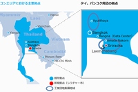 メコンエリアとバンコク周辺のNTTコミュニケーションズの主要拠点を示す図（NTTコミュニケーションズの発表資料より）