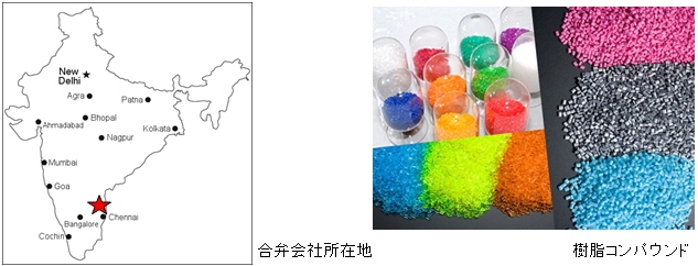 合弁会社の所在地を示す図と樹脂コンパウンド（豊田通商の発表資料より）