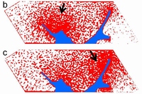 電子が蓄積していく様子を可視化した図。aは観察初期、b,cは時間経過とともに帯電が増加した場合を示す。時間経過とともに電子の動きに伴う電場の乱れが生じた赤色部が枝に囲まれた領域内の矢印の部分に明瞭に観察される。（東北大学の発表資料より）