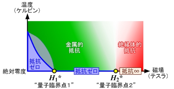 今回明らかにすることに成功した高温超伝導体の磁場中における絶対零度を含む振る舞いの全体像。予想に反して量子臨界点が2つ存在し、絶対零度でのみ超伝導になる領域が広く存在していることを発見した。（東京工業大学の発表資料より）