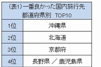 フォートラベルが実施した「今まで訪れた中で一番良かった 国内旅行先」のアンケート調査でトップ10に入った都道府県。