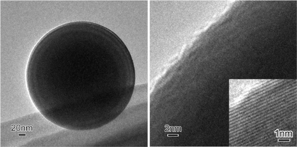 研究グループが作製したZnO真球単結晶の透過型電子顕微鏡像（左）とその拡大図（右）（大阪大学の発表資料より）