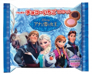 ブルボンは、大ヒット映画「アナと雪の女王」をモチーフにした、『チョコ＆いちごビスケットFS』と『ポテトチップしお味』を7月15日から期間限定で販売する。