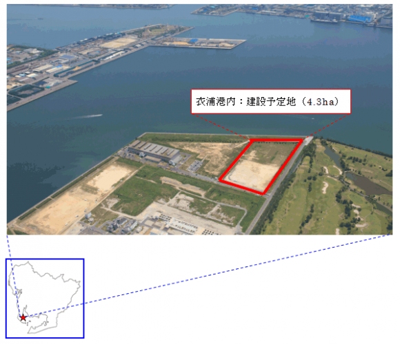 住友商事が愛知県半田市に建設する7万5000ｋWのバイオマス発電所の建設予定地（住友商事の発表資料より）