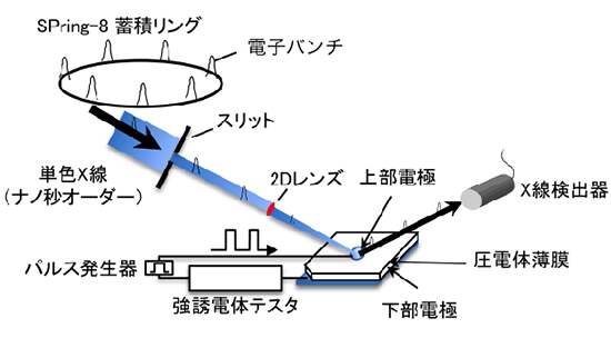 電界を加えた時の結晶の伸びと電気特性を直接測定できる測定システム