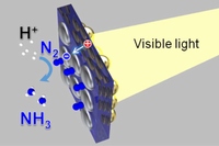 光照射に基づいて金ナノ構造からチタン酸ストロンチウム、ルテニウムへの電子移動と窒素の還元に基づいてアンモニアが発生する様子を記した模式図（北海道大学の発表資料より）