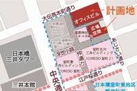 日本橋本町二丁目特定街区開発計画の計画地の位置を示す図（三井不動産の発表資料より）