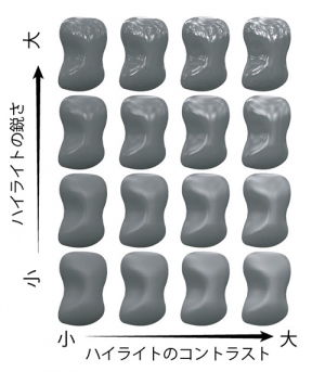 今回の研究でサルに提示した画像の例。ハイライトのコントラストと鋭さをそれぞれ4段階変化させ、明るさも3段階変化させた刺激を作成して、それぞれの刺激に対する神経細胞の応答を調べた（生理学研究所の発表資料より）