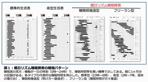 標準的生活者、夜型生活者、睡眠相後退型、フリーラン型のそれぞれの睡眠パターンを示す図（国立精神・神経医療研究センターの発表資料より）