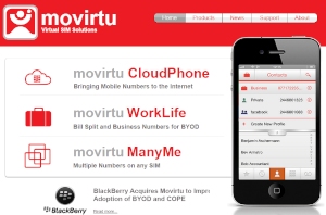 カナダのブラックベリー（BlackBerry）は、仮想SIMのサービスを手掛ける英モバーチュ（Movirtu）を買収した。写真は、モバーチュのWebサイト。