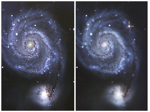 M51 銀河の、超新星 SN 2011dh 出現前（左図）と出現後（右図）の観測写真。左図は2009年、右図は2011年7月8日に撮影（Credit: チャボット宇宙科学センター コンラッド・ジャン）