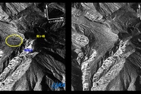 御嶽山山頂付近の噴火前後の比較画像(左：噴火後　画像　右：噴火前　画像)。黄色で囲まれた部分に噴火前には無かった窪地が認められる（JAXAの発表資料より）