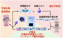 可逆に形成される超分子型可溶化剤を用いた半導体性単層CNTの選択的抽出と、再生可能なプロセスサイクルを示す図（九州大学の発表資料より）