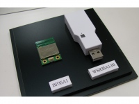 左が、Wi-SUN通信用ロームグループのラピスセミコンダクタ製無線通信LSI「ML7396」にアンテナやハイスペックMCUを内蔵し、国内電波法認証取得も済ませた無線通信モジュール「BP35A1」だ。サイズは22.0×33.5×4.0mm。右は、ロームと台湾「Jorjin Technologies社」と共同で開発したUSBドングルタイプの無線通信モジュール「WSR35A1-00」。