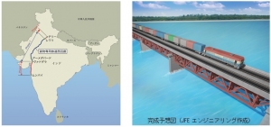 JFEエンジニアリングは、インド鉄道省傘下の貨物専用鉄道公社から、デリー～ムンバイ間の貨物専用鉄道の橋梁建設工事を受注した。写真は同鉄道の所在地を示す図と、橋梁の完成予想図（JFEエンジニアリングの発表資料より）