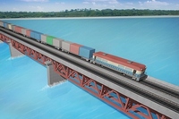 JFEエンジニアリングは、インド鉄道省傘下の貨物専用鉄道公社から、デリー～ムンバイ間の貨物専用鉄道の橋梁建設工事を受注した。写真は同鉄道の所在地を示す図と、橋梁の完成予想図（JFEエンジニアリングの発表資料より）