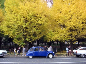 2014年秋、東京にて。生産終了後24年を経た東京で元気に走るシトロエン2CV。最終型は602cc・水平対向2気筒OHVエンジンを搭載、4速MTを組み合わせた