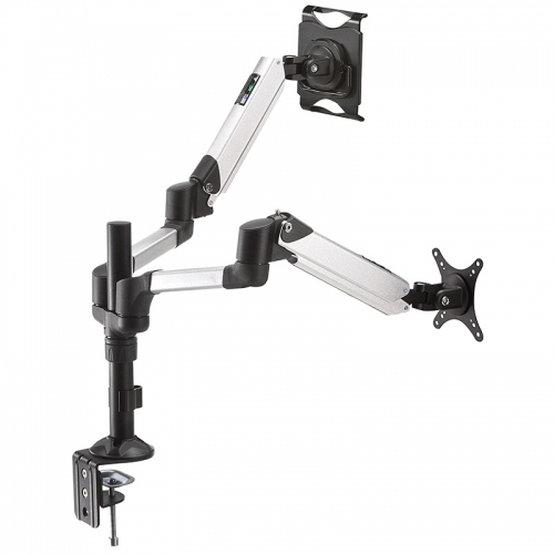 液晶モニターとiPad・タブレットを横に並べて設置可能で、高さ調節もできるデュアル液晶モニターアーム『液晶モニター・タブレットアーム 100-LA028』