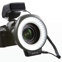光を均等に当てカメラの影や逆光を気にすることなく撮影できるLEDリングライト『カメラLEDリングライト(マクロ・フラッシュ対応・80灯・調光・ステップアップリング付属) 200-DGAC001』